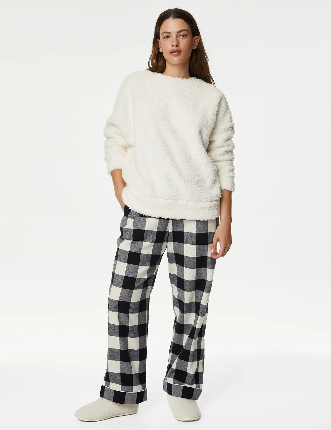 M&S Ladies Fleece Top With Check Pajama T37/1413J