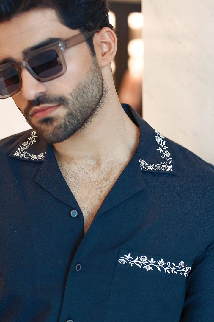 Modern Camp Collar Embroidered Suit