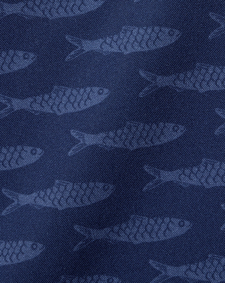 Charles Tyrwhitt Navy Blue Fish Print Slim Fit Ss Non-Iron Stretch Poplin Shirt