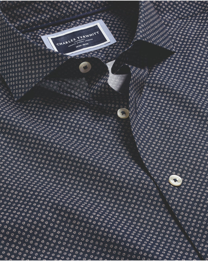 Navy Blue Mini Floral Print Non-Iron Classic Fit Shirt
