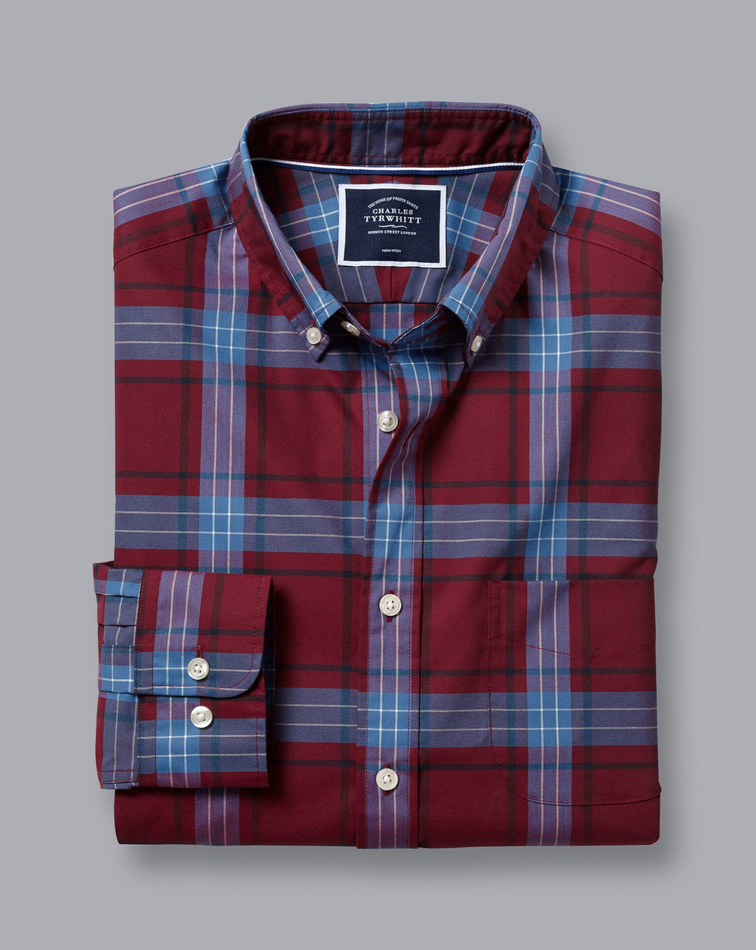 Charles Tyrwhitt Red Check Slim Fit Non-Iron Stretch Poplin Shirt