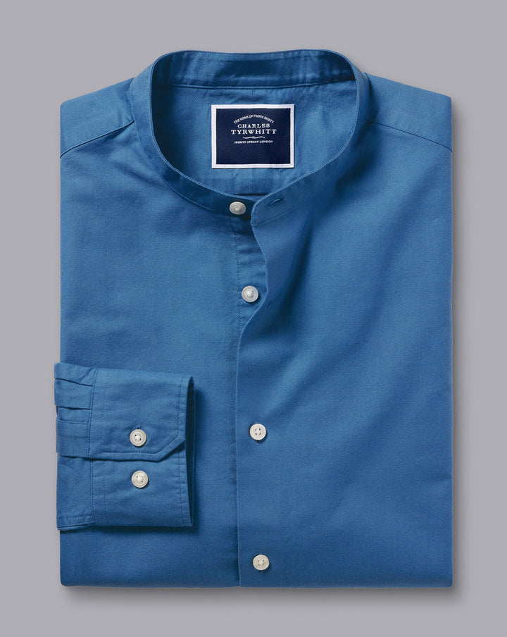 Ocean Blue Plain Slim Fit Stretch Washed Oxford Collarless Shirt