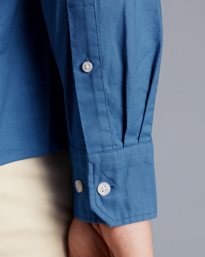 Ocean Blue Plain Slim Fit Stretch Washed Oxford Collarless Shirt