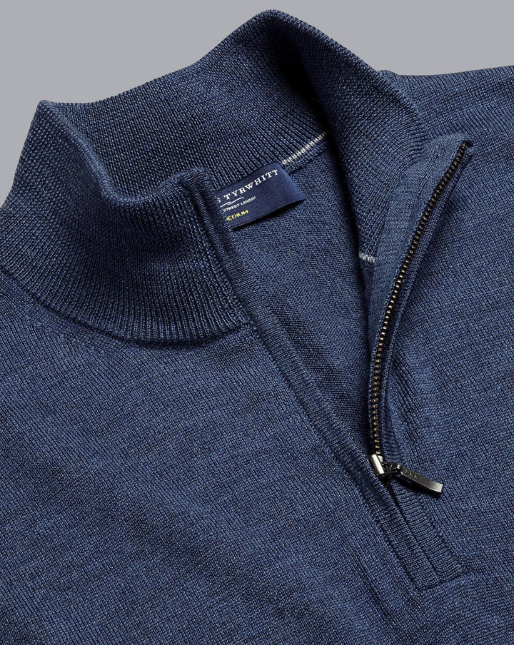 Indigo Blue Melange Pure Merino Zip Neck Jumper