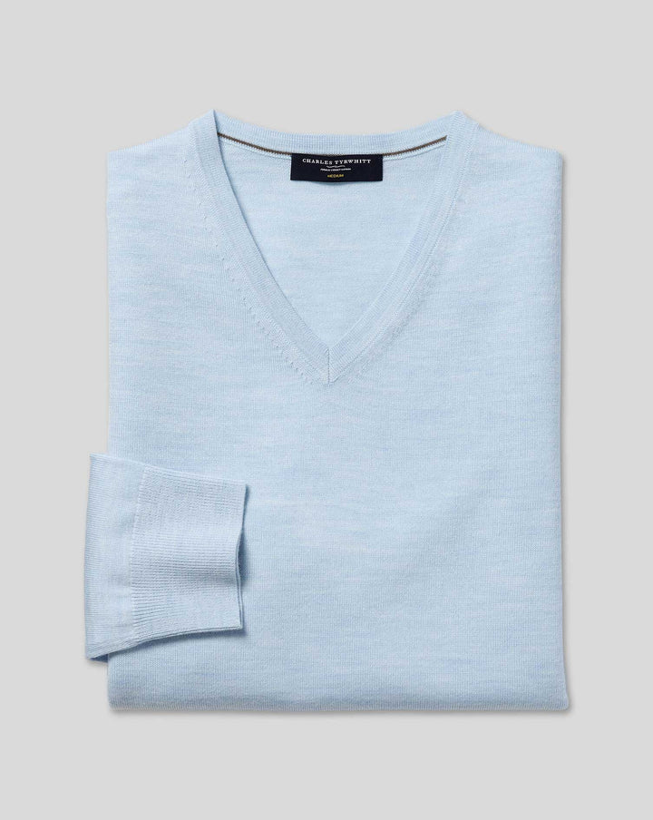 Light Blue Pure Merino V Neck Jumper