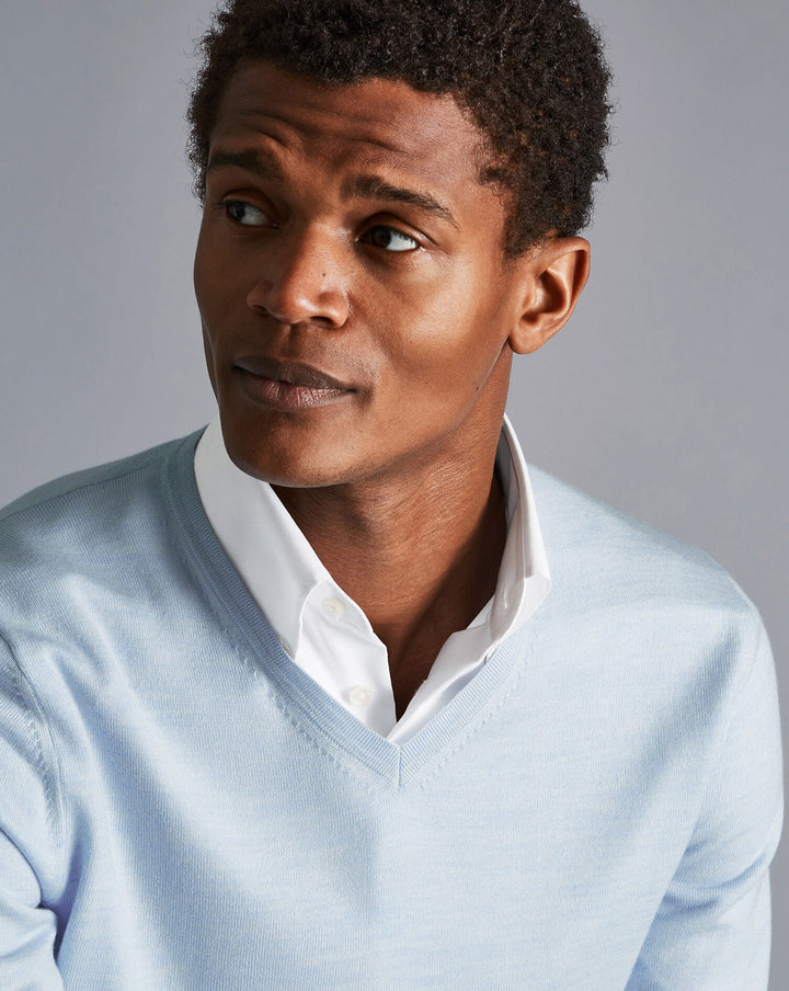 Light Blue Pure Merino V Neck Jumper