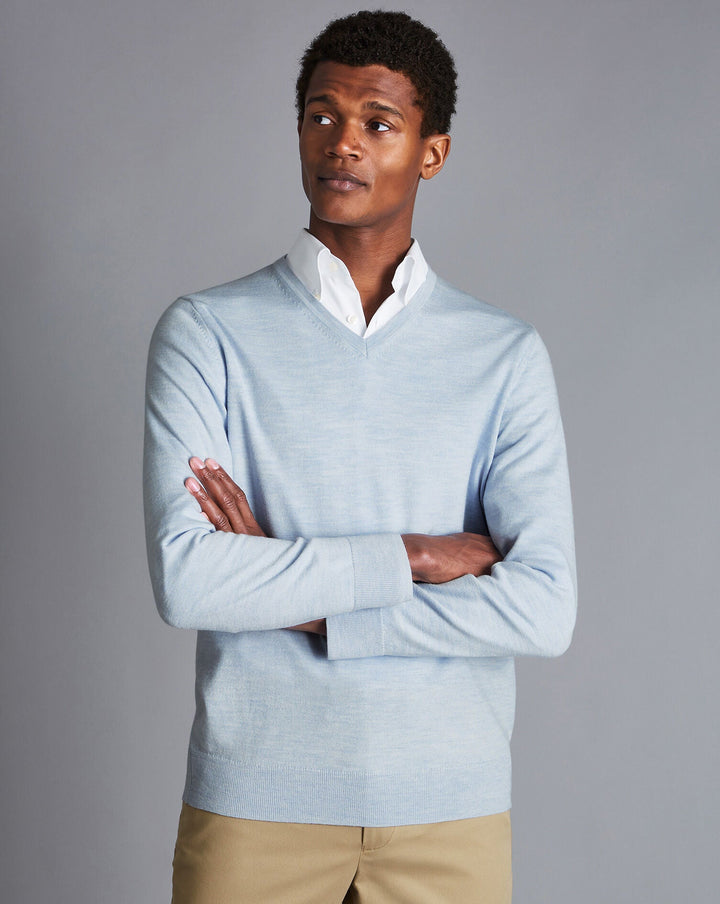 Light Blue Pure Merino V Neck Jumper
