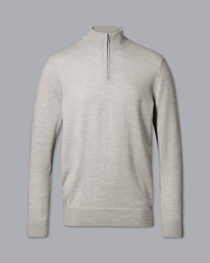 Silver Grey Pure Merino Zip Neck Jumper