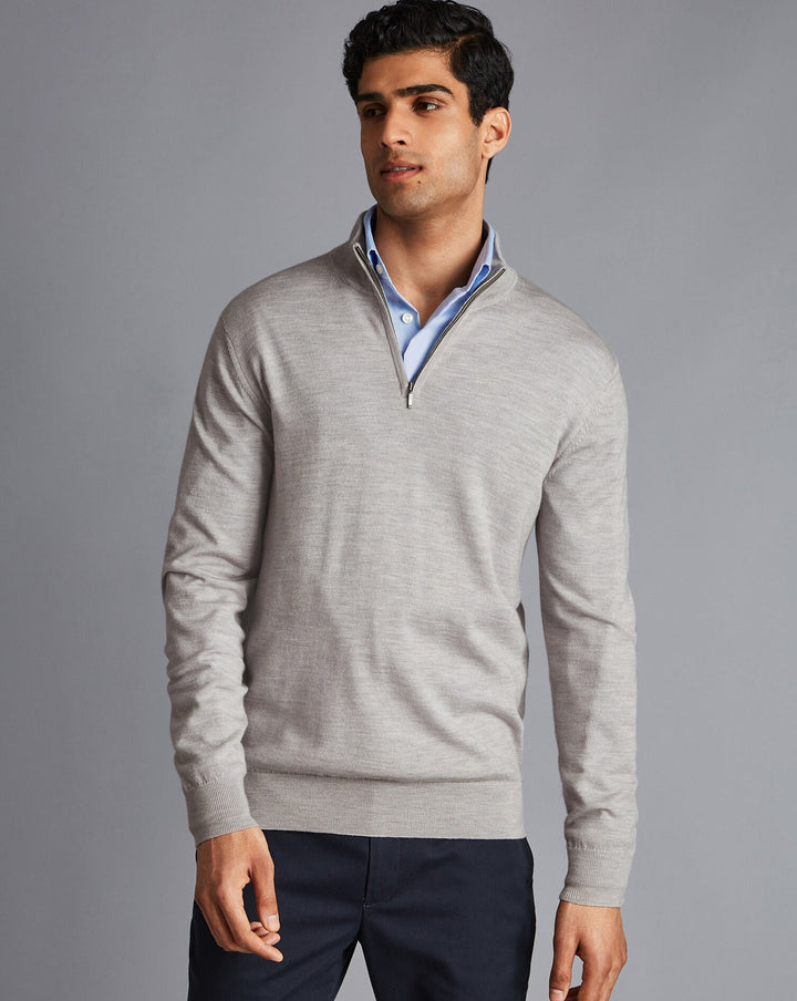 Silver Grey Pure Merino Zip Neck Jumper