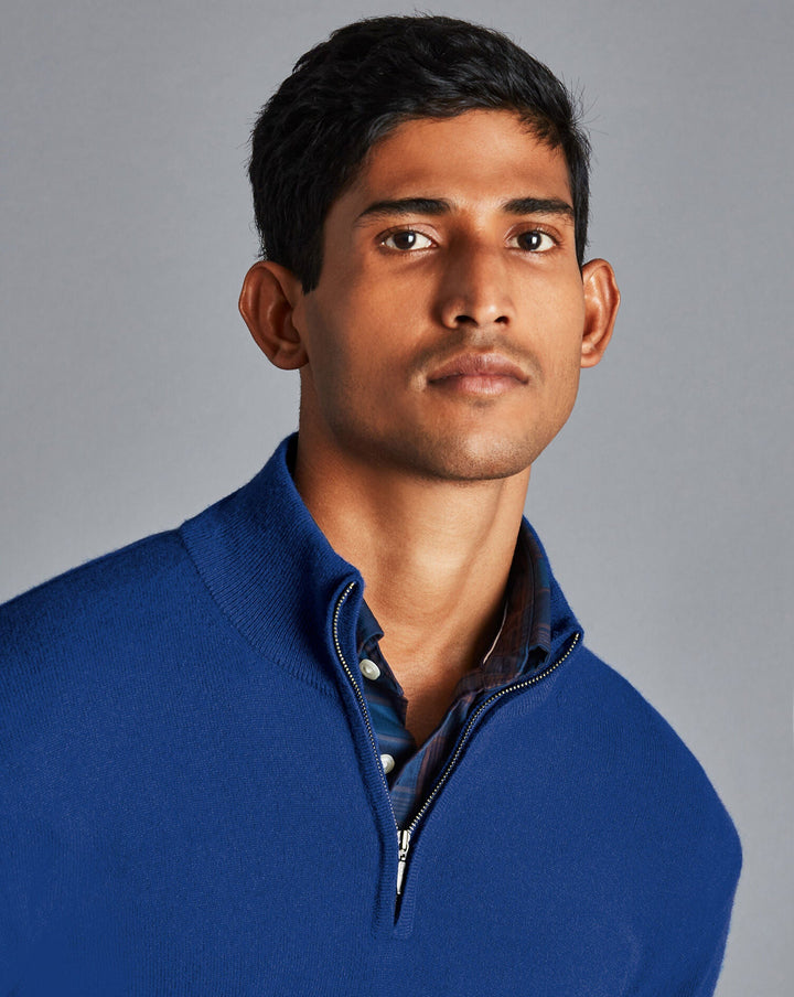 Royal Blue Pure Cashmere Zip Neck Jumper