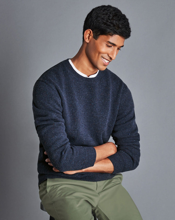 Navy Blue Chunky Merino Donegal Crew Neck Jumper