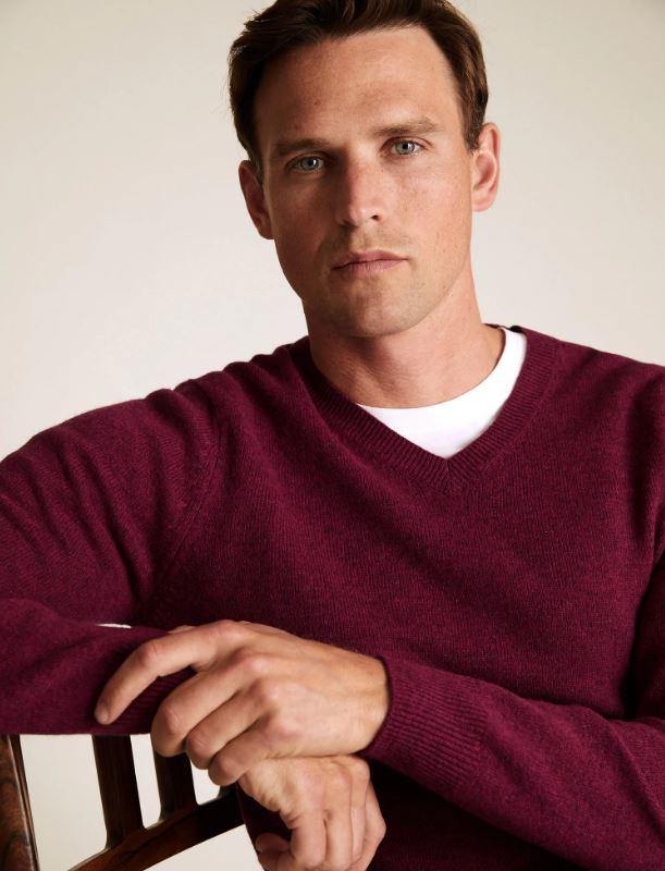 M&S Mens Lambswool V-Neck L/S Jersey T30/2653M