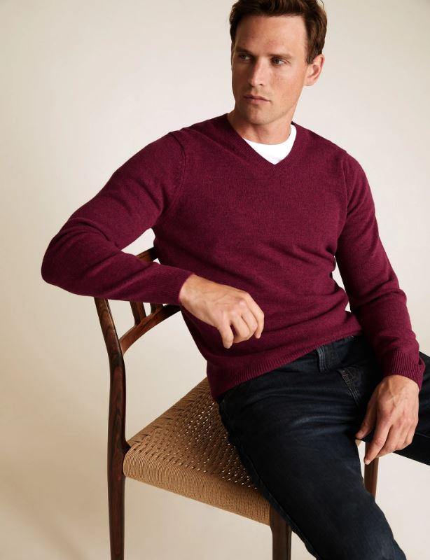 M&S Mens Lambswool V-Neck L/S Jersey T30/2653M