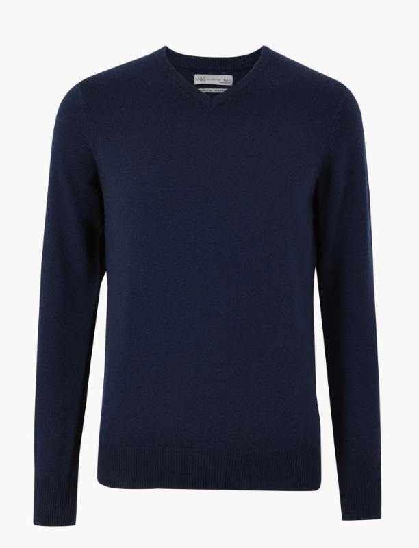 M&S Mens Lambswool V-Neck L/S Jersey T30/2653M