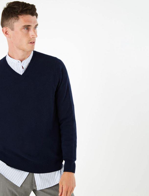 M&S Mens Lambswool V-Neck L/S Jersey T30/2653M
