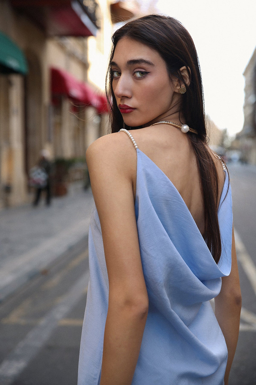 Sky Blue Sleeveless Pearl Top