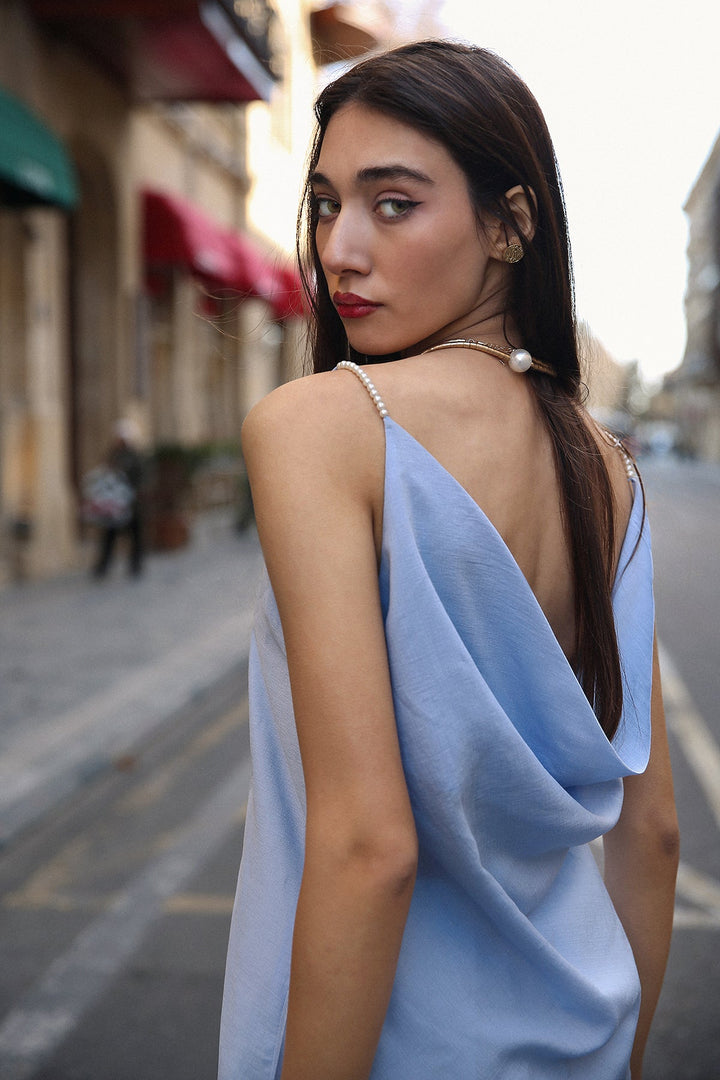 Sky Blue Sleeveless Pearl Top