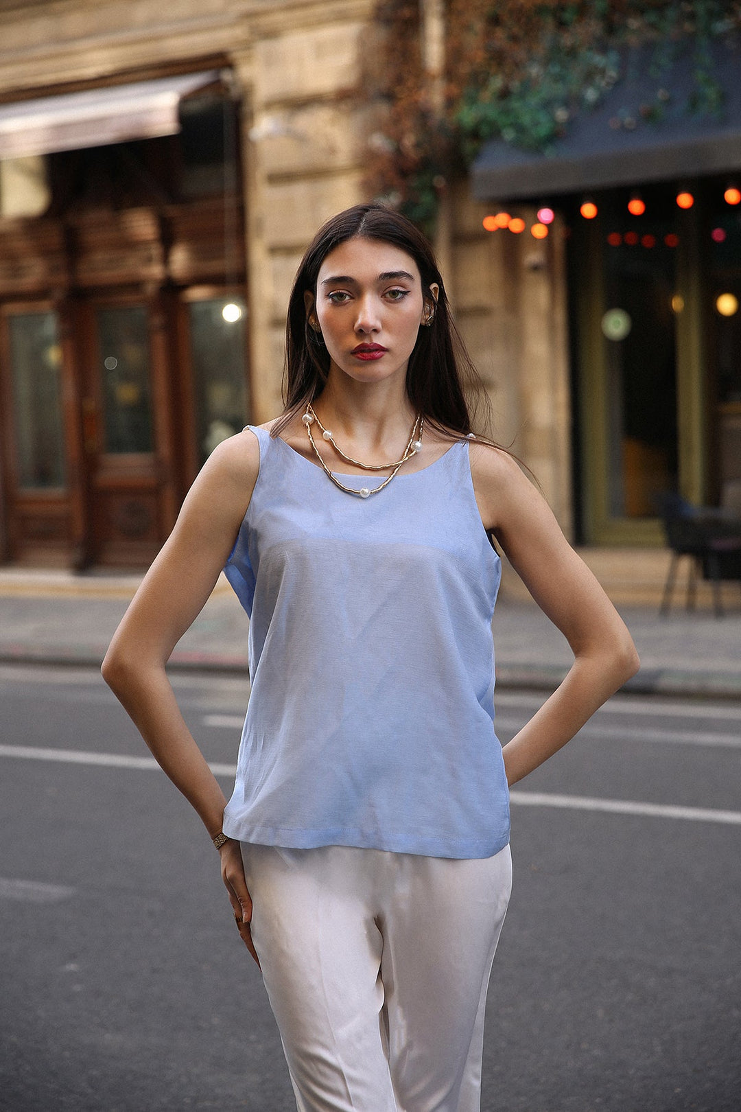 Sky Blue Sleeveless Pearl Top