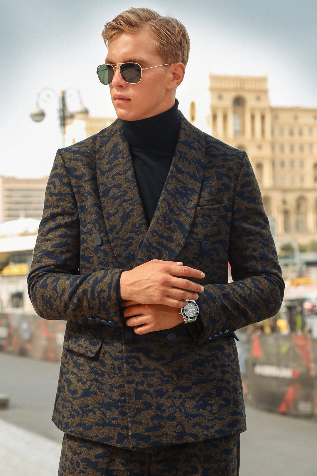 Modern Shawl Lapel Suit with Camouflage Weave