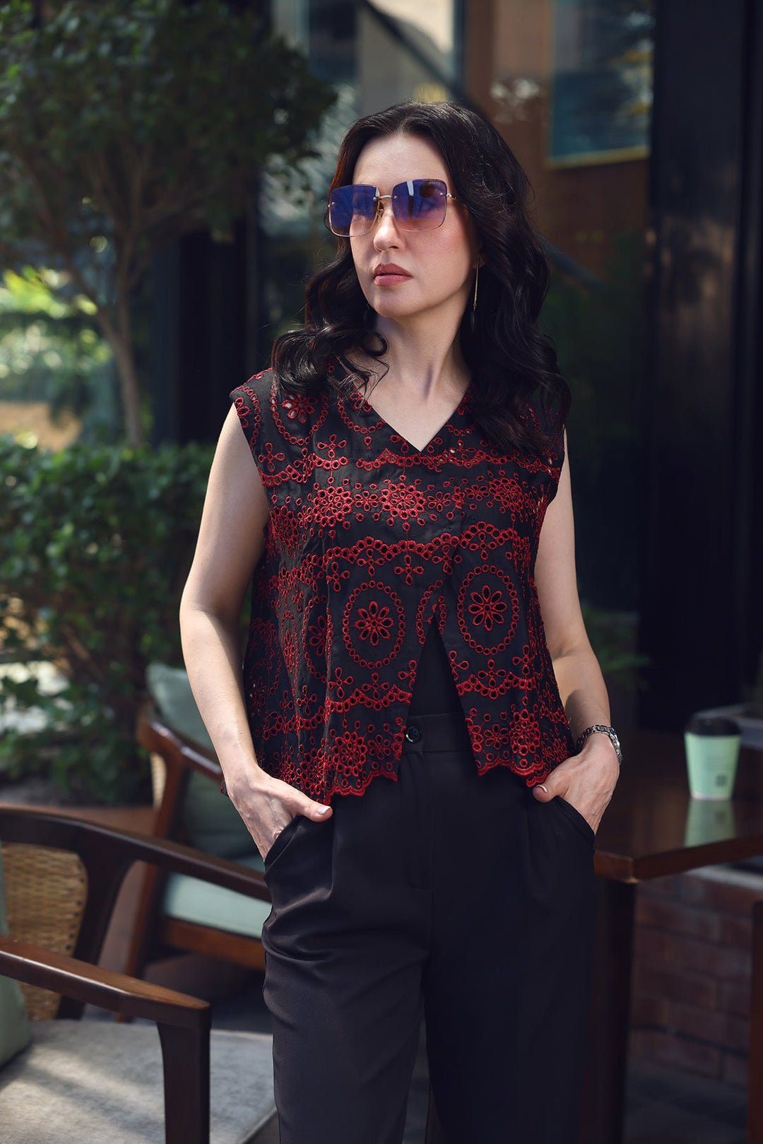 Elegant V-Neck Top with Embroidery Detailing