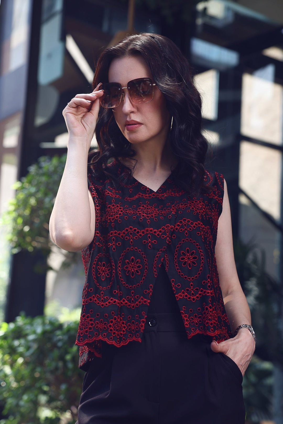 Elegant V-Neck Top with Embroidery Detailing