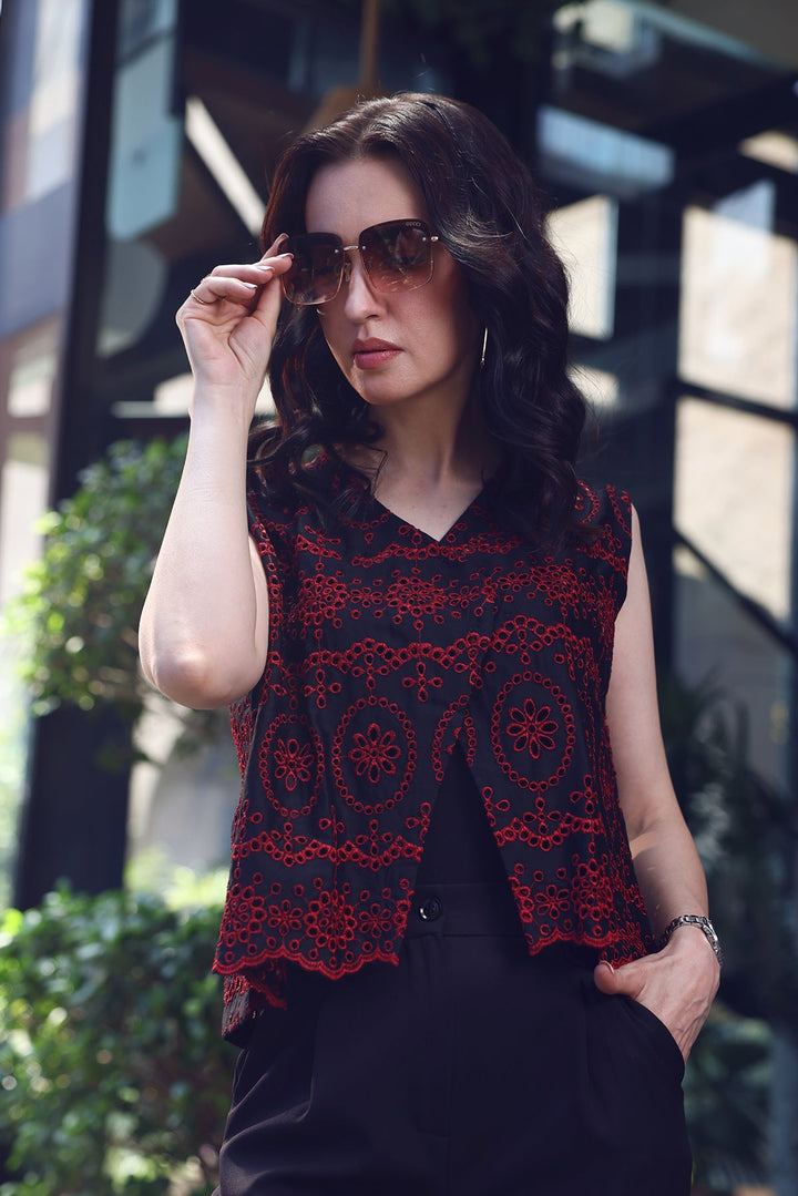 Elegant V-Neck Top with Embroidery Detailing