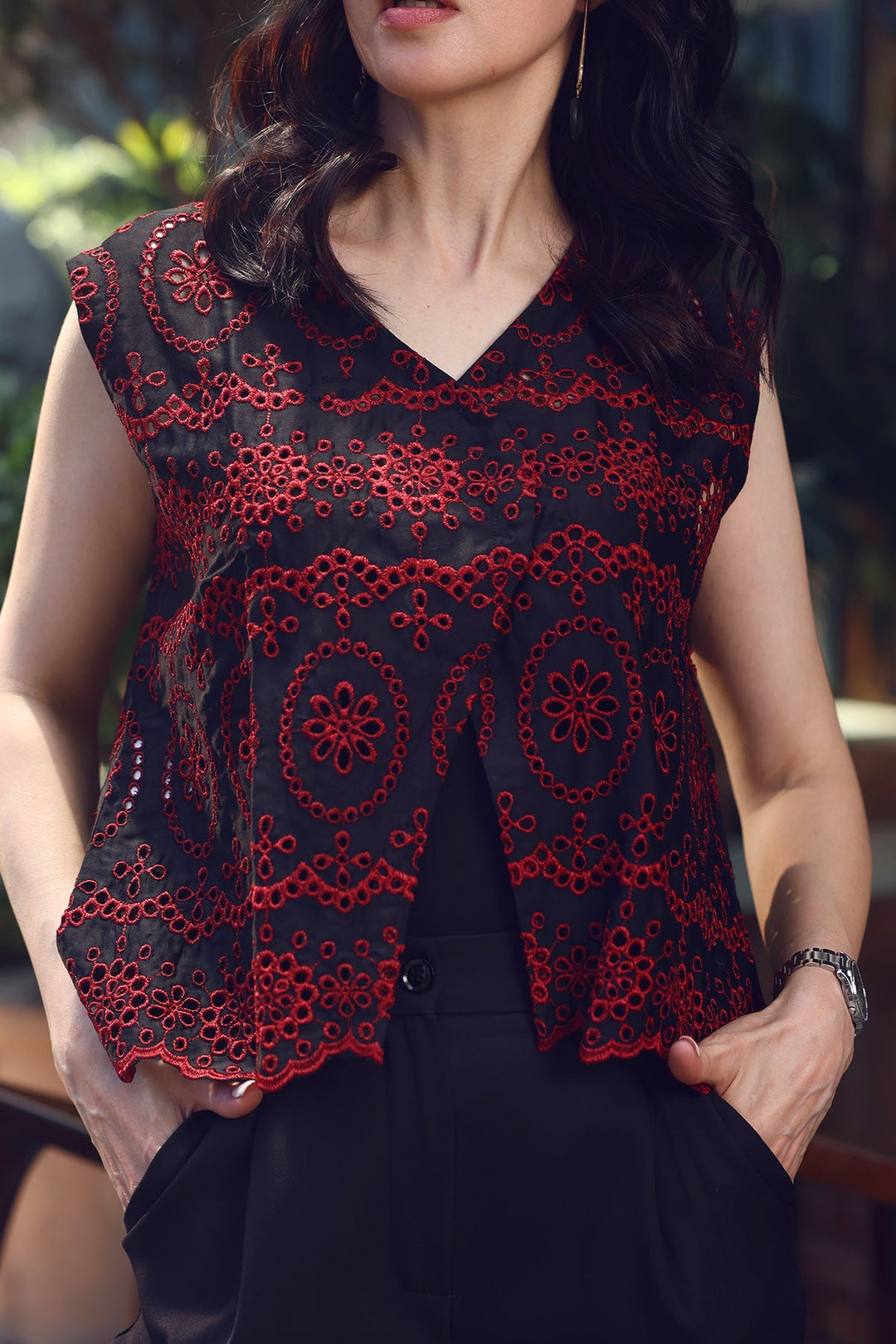 Elegant V-Neck Top with Embroidery Detailing
