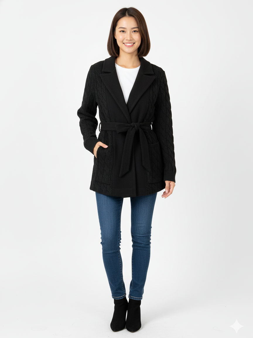 Ayda Ladies Cabel Knit Coat With Belt 8034