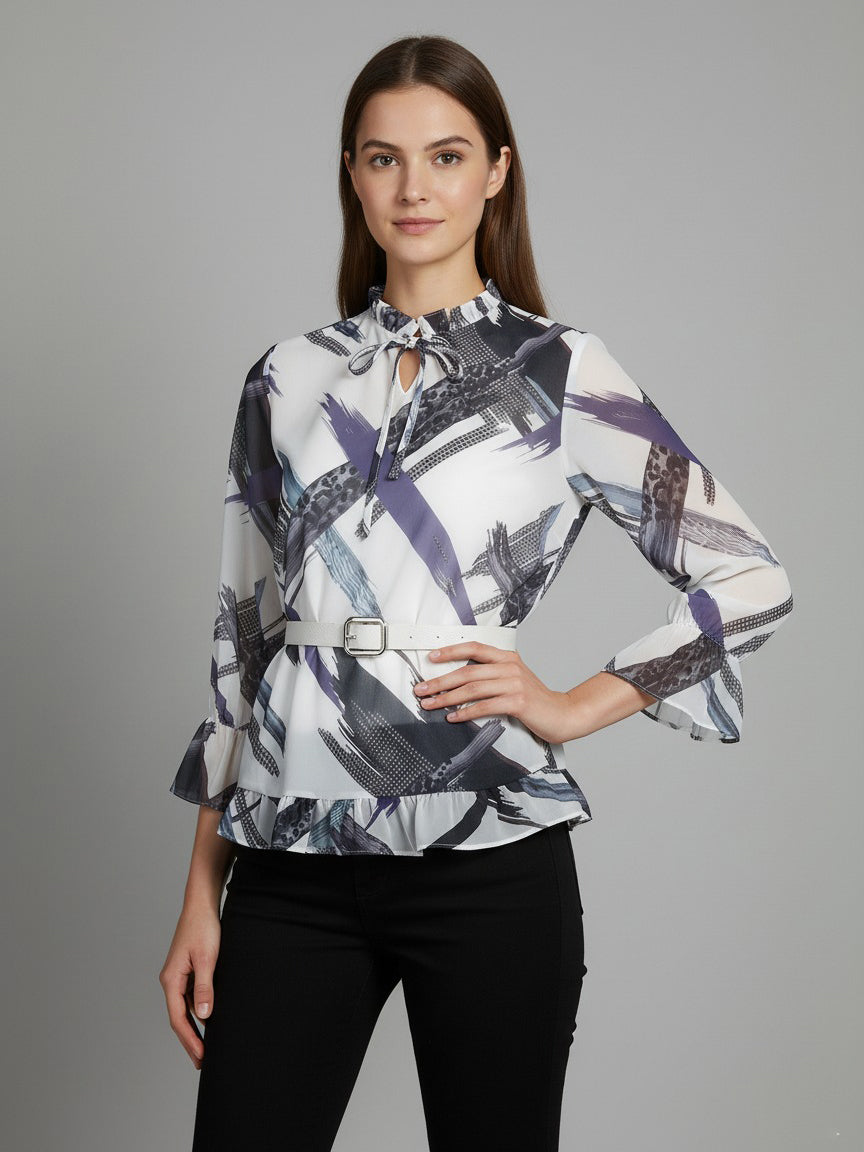 Nifty Ladies L/S Belted (Printed) Top