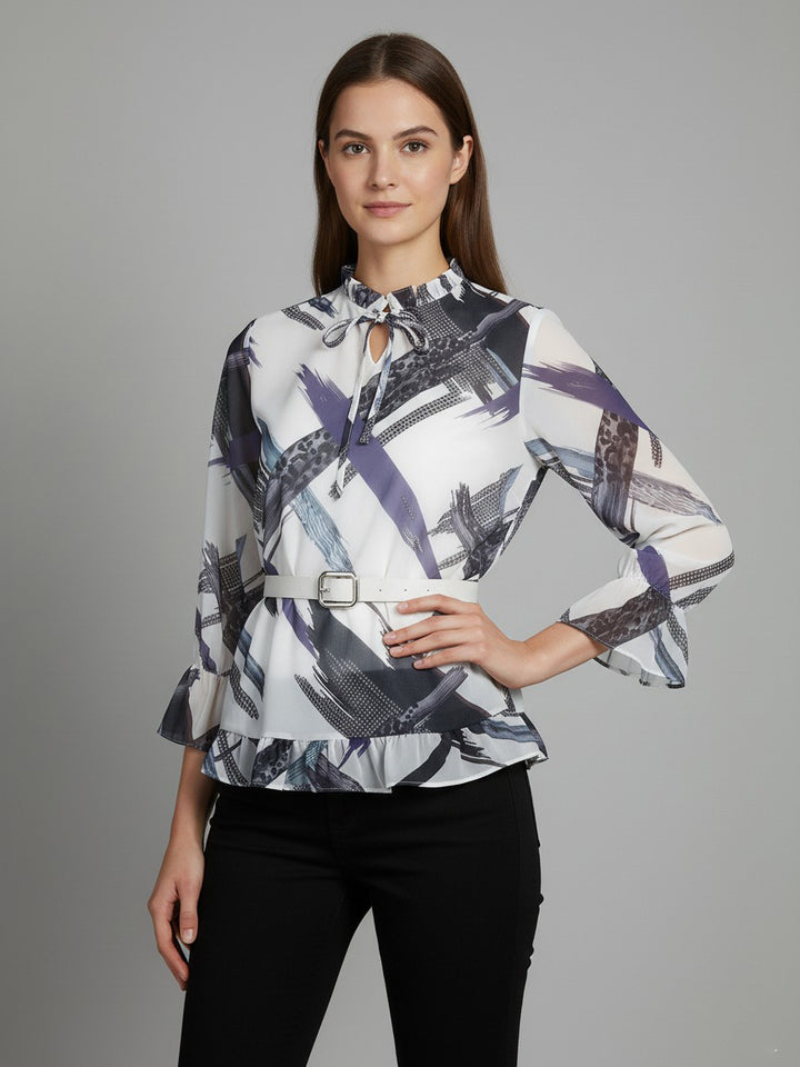 Nifty Ladies L/S Belted (Printed) Top