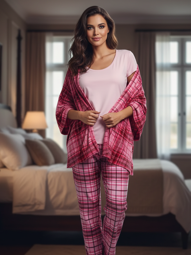 Liz Claiborne 3 Pcs Check Sleep Set (Pink)