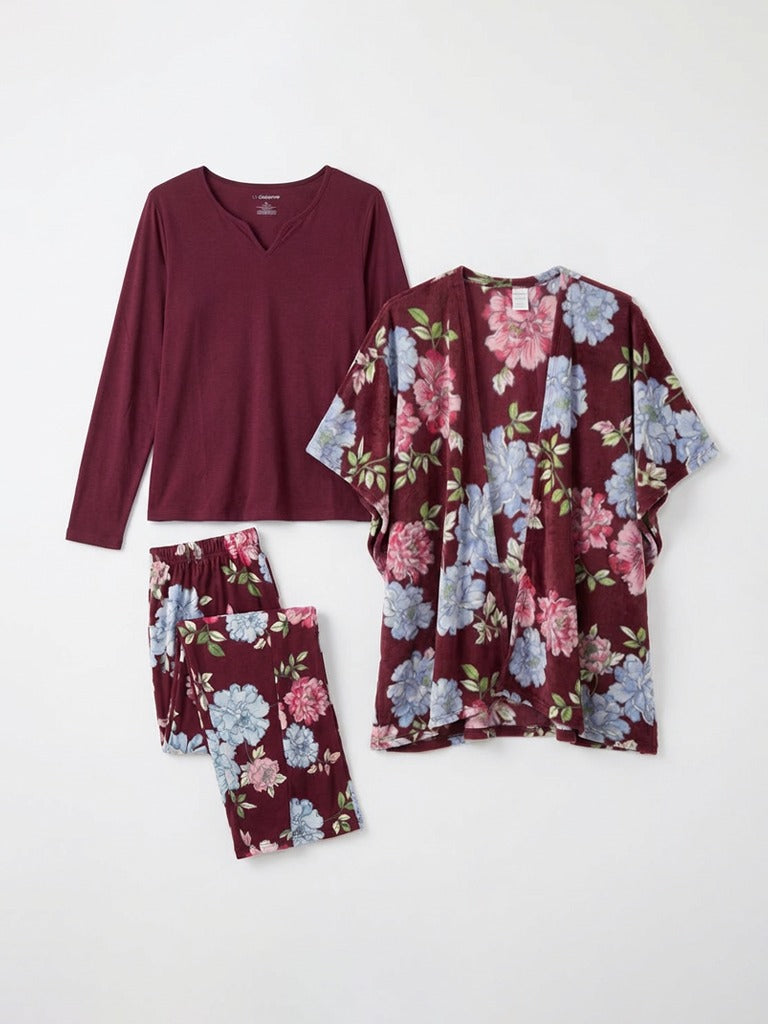 Liz Claiborne 3 Pcs Printed Sleep Set (Maroon)