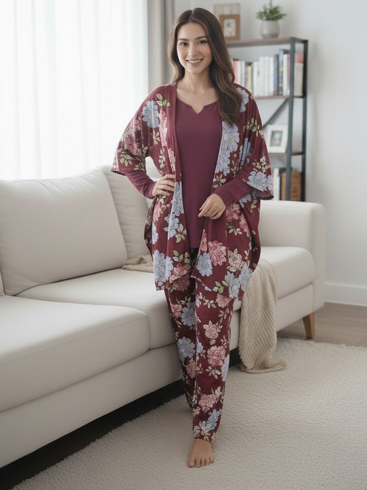 Liz Claiborne 3 Pcs Printed Sleep Set (Maroon)