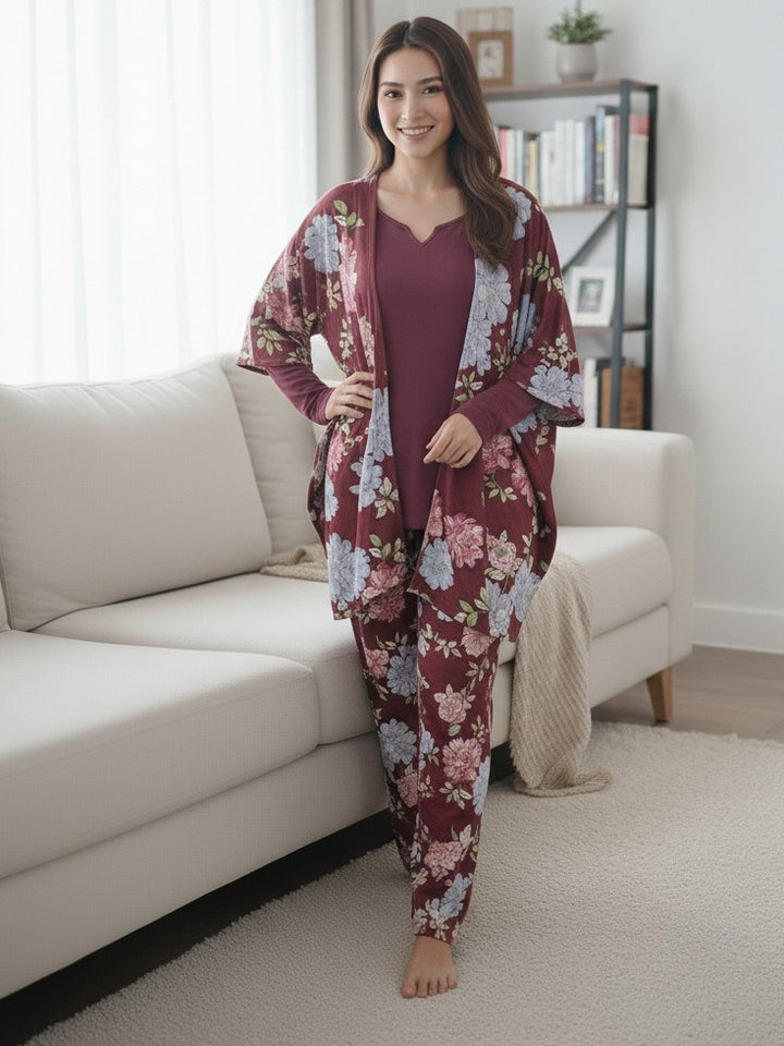 Liz Claiborne 3 Pcs Printed Sleep Set (Maroon)
