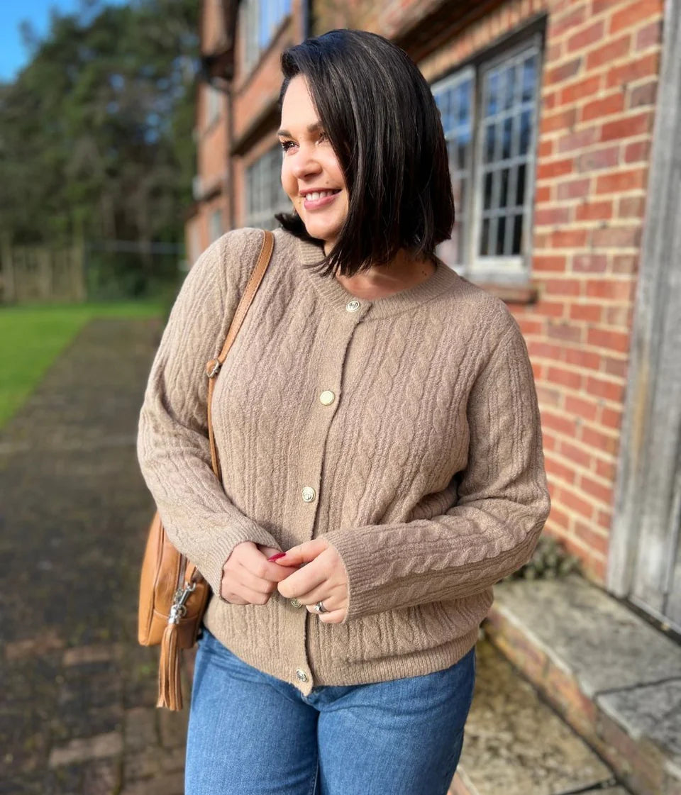 Tu Ladies Crew Neck Cardigan (Brown)