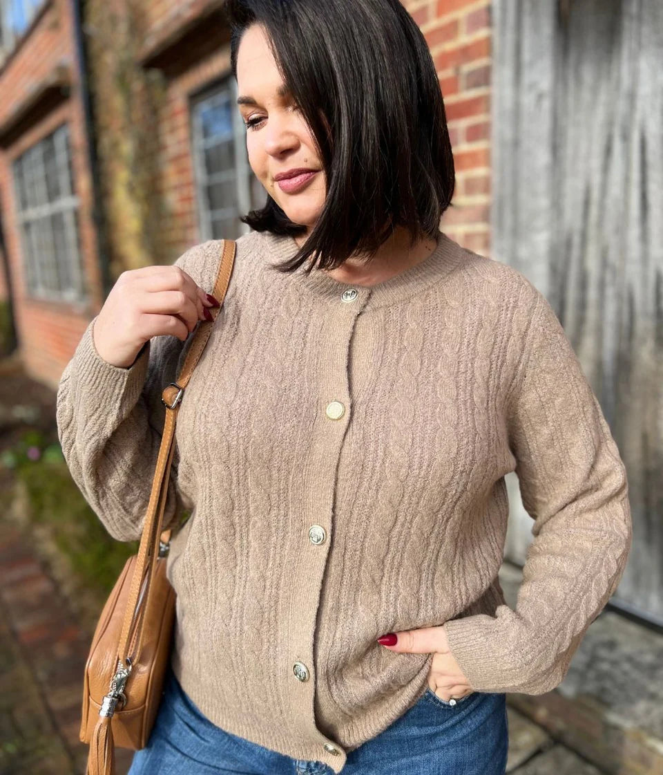 Tu Ladies Crew Neck Cardigan (Brown)