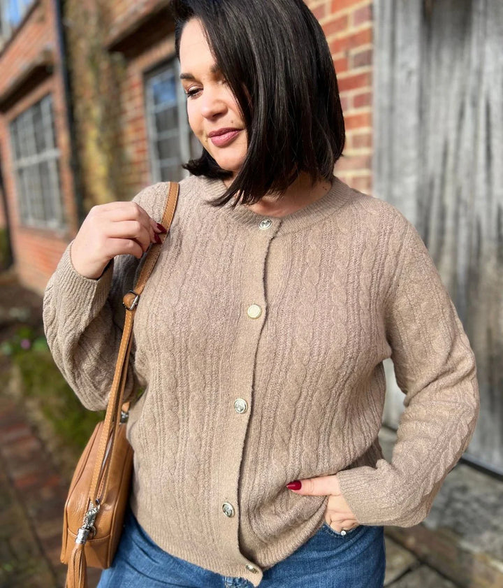 Tu Ladies Crew Neck Cardigan (Brown)