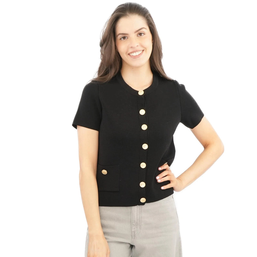 M&S Ladies Gold Button Short Sleeve Cardigan (Black)