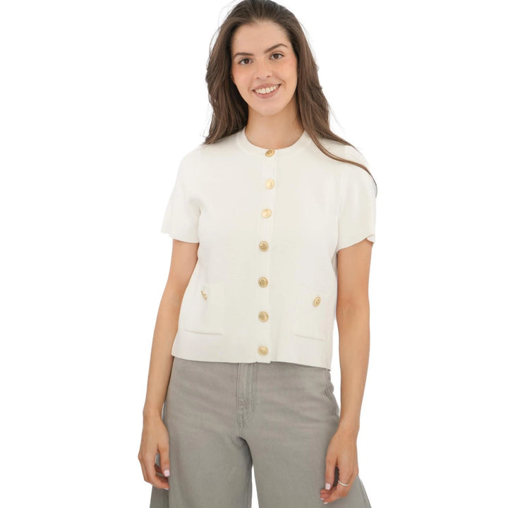M&S Ladies Gold Button Short Sleeve Cardigan (White)