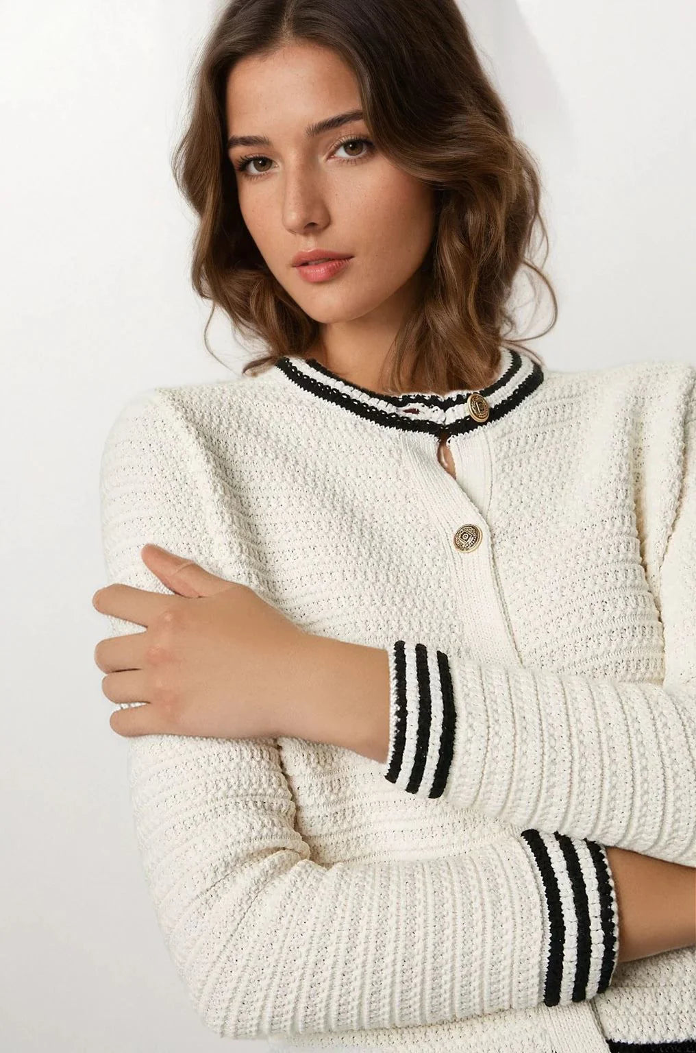 M&S Ladies Crew Neck Classic Textured Gold Button Cardigan (White)