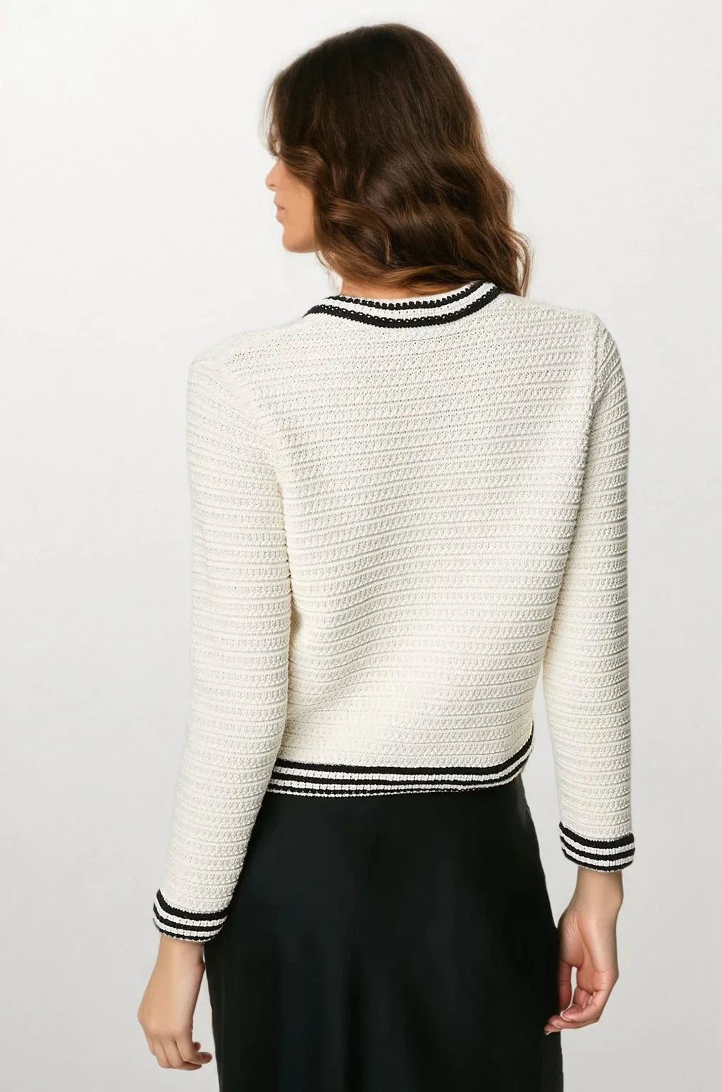 M&S Ladies Crew Neck Classic Textured Gold Button Cardigan (White)