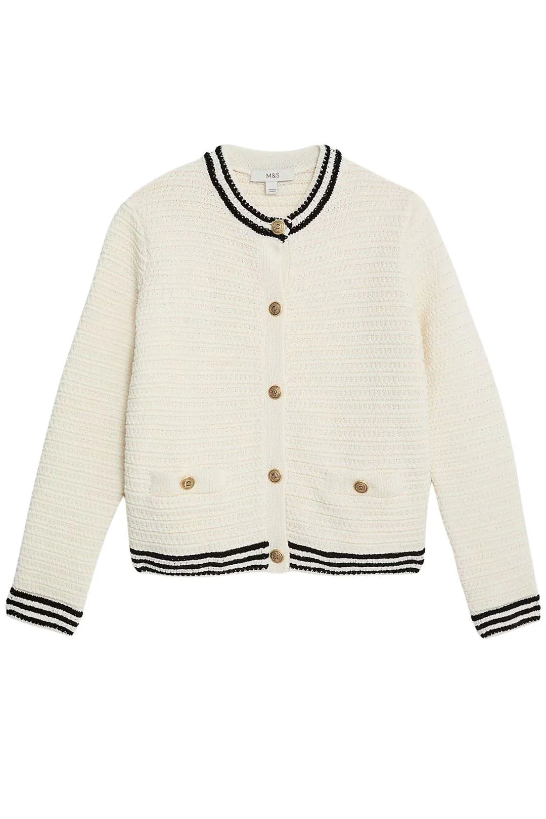 M&S Ladies Crew Neck Classic Textured Gold Button Cardigan (White)