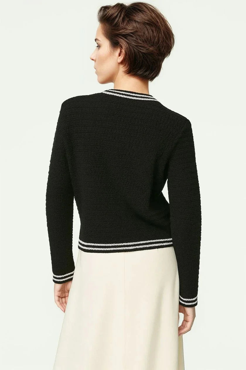 M&S Ladies Crew Neck Classic Textured Gold Button Cardigan (Black)