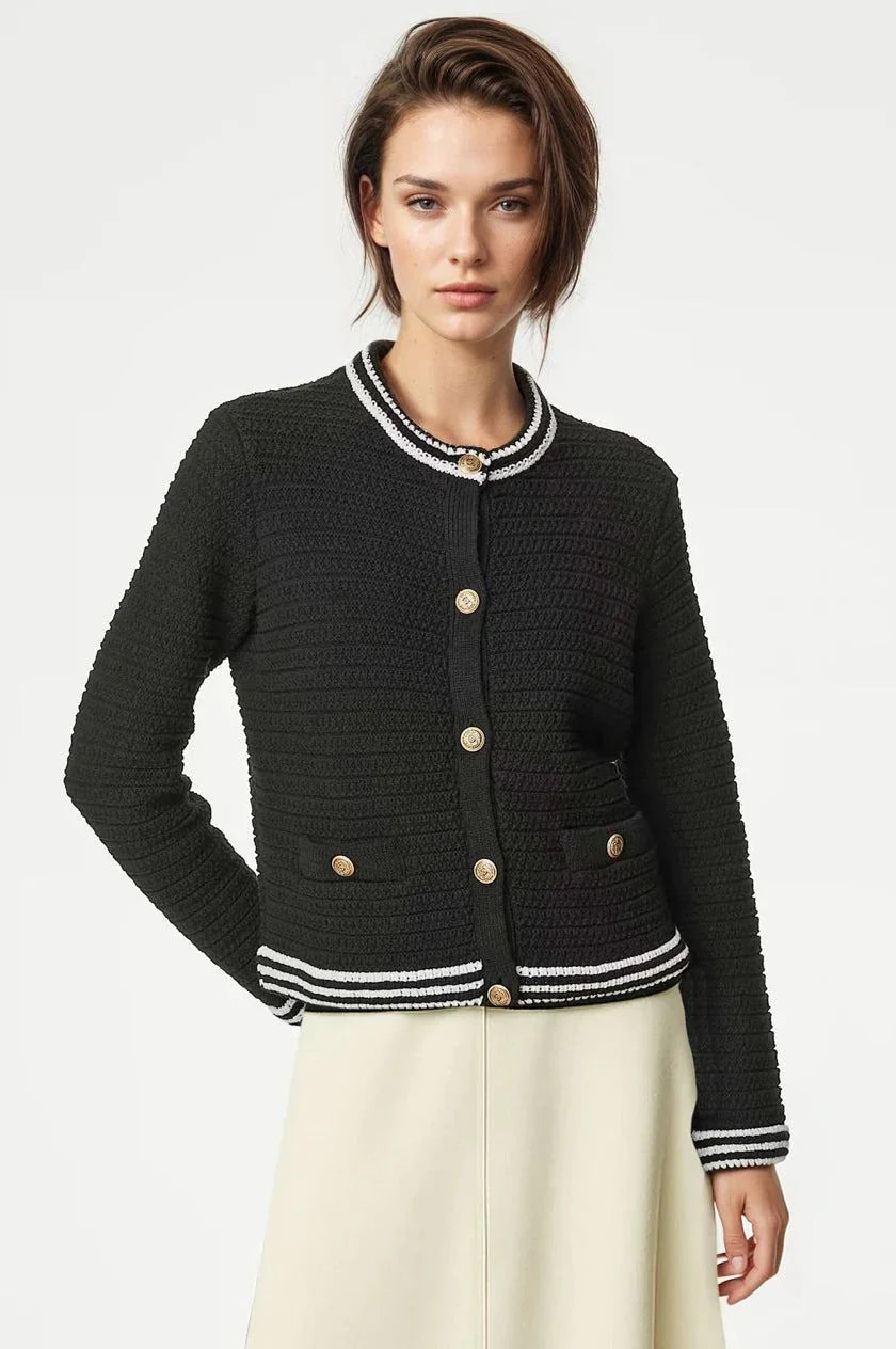 M&S Ladies Crew Neck Classic Textured Gold Button Cardigan (Black)