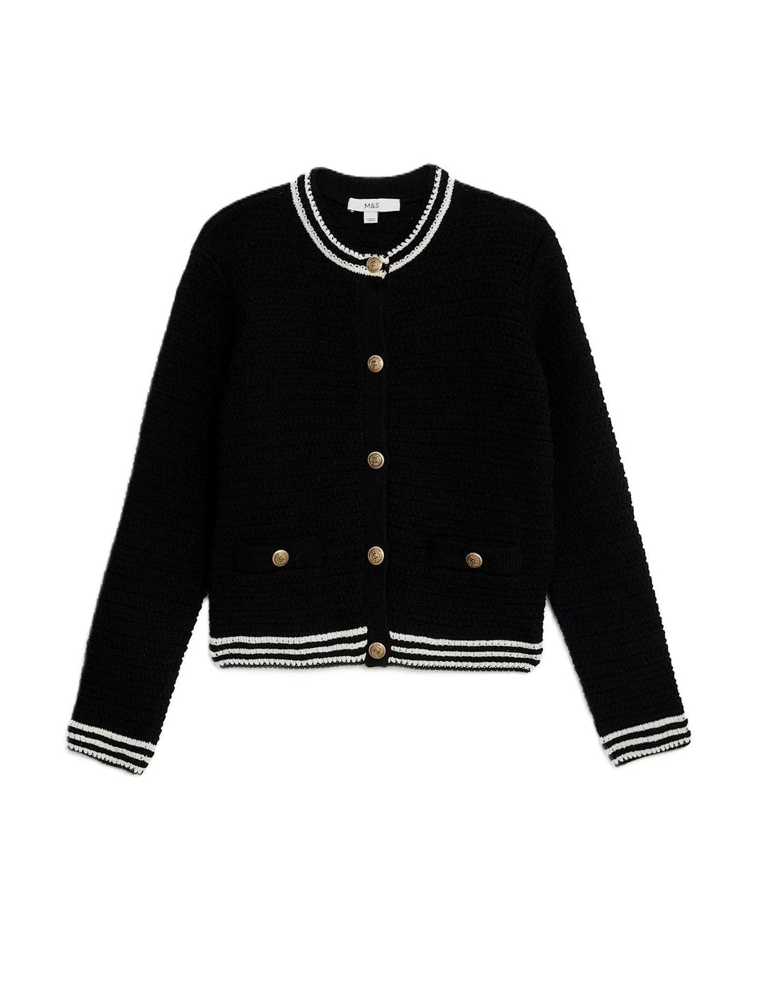 M&S Ladies Crew Neck Classic Textured Gold Button Cardigan (Black)
