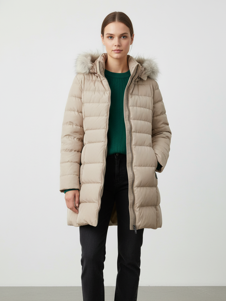 M&S Ladies Thermo Warmth Mid Long Hooded Puffer Jacket T49/4609 (Beige)