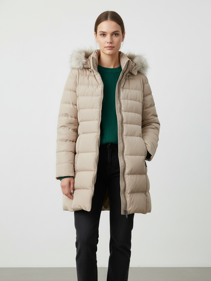 M&S Ladies Thermo Warmth Mid Long Hooded Puffer Jacket T49/4609 (Beige)