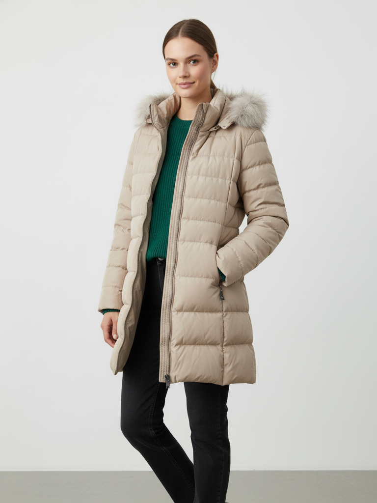 M&S Ladies Thermo Warmth Mid Long Hooded Puffer Jacket T49/4609 (Beige)