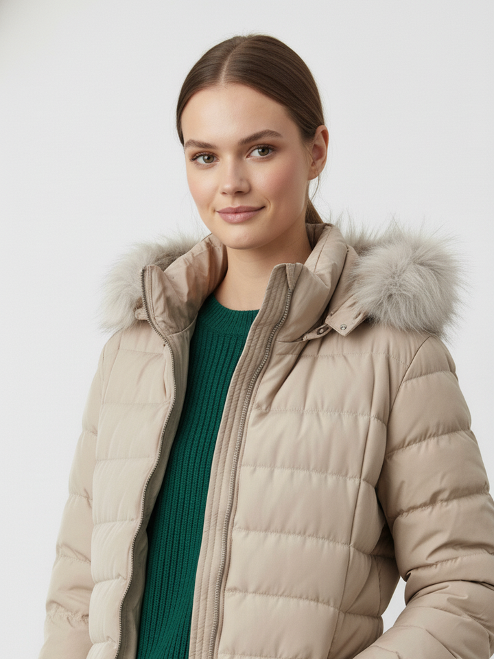 M&S Ladies Thermo Warmth Mid Long Hooded Puffer Jacket T49/4609 (Beige)