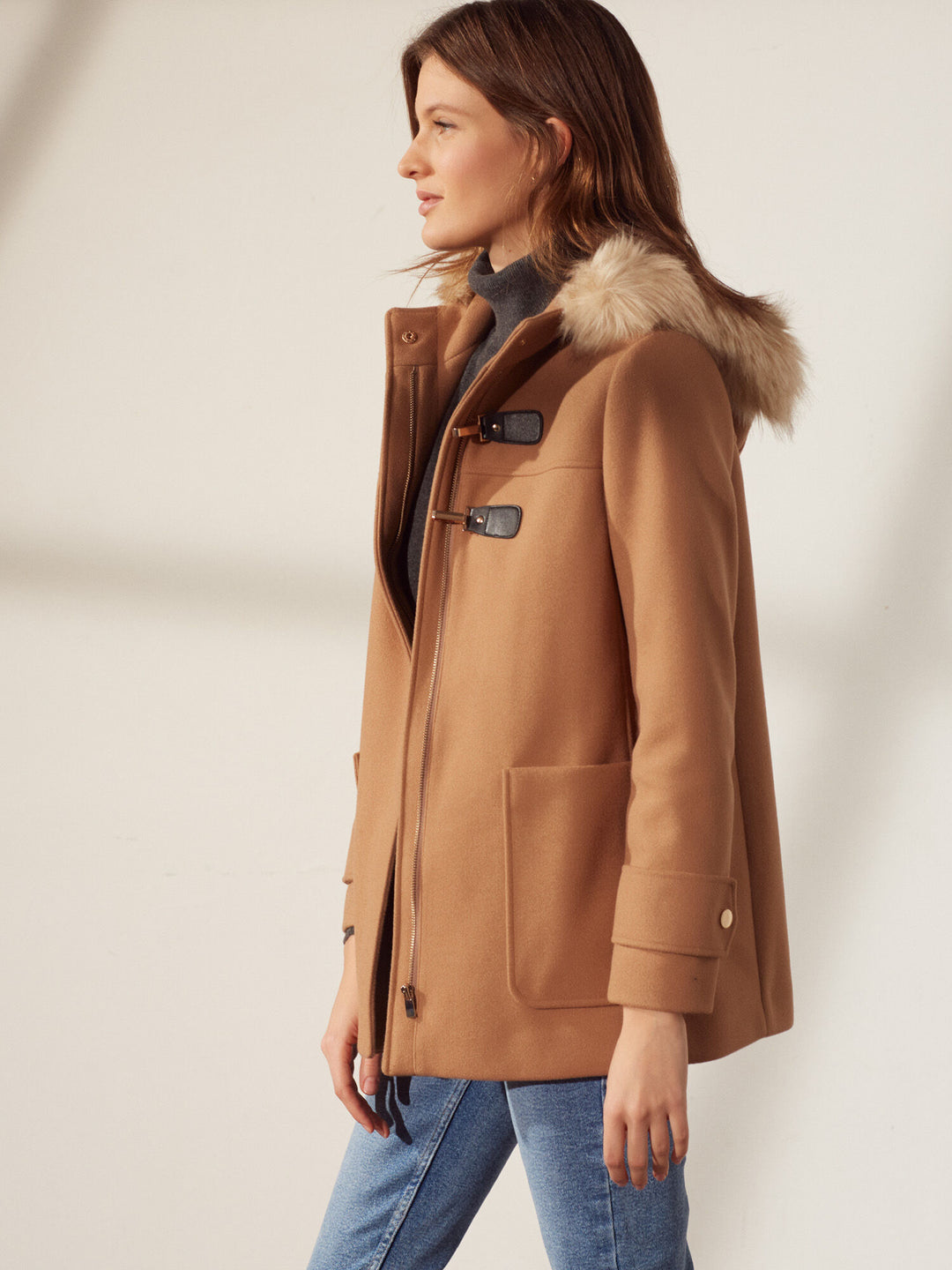 Yours Ladies 3QTR Fur Hood Long Coat 505973820